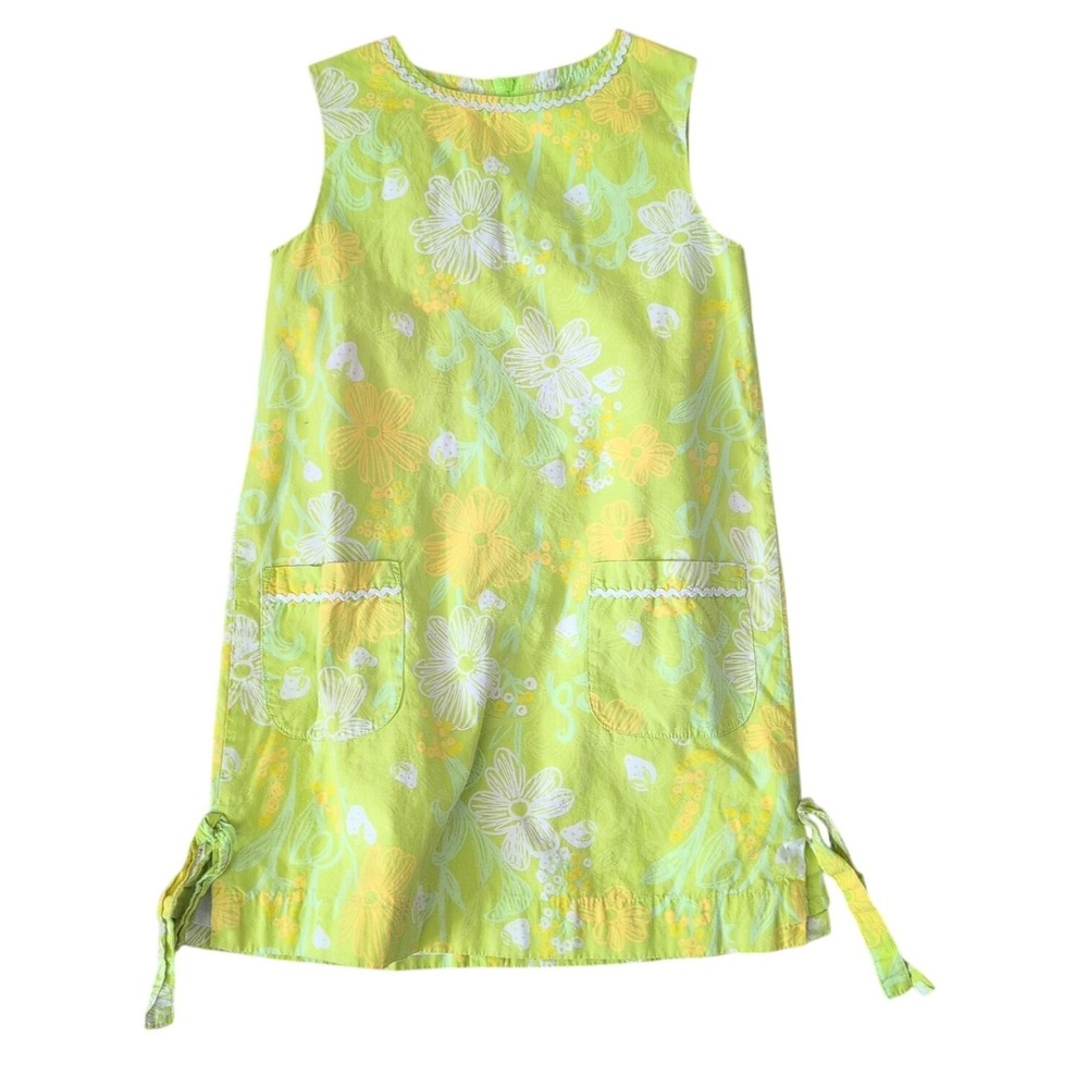 Lilly Pulitzer Vintage Girls 7 Lime Green Floral Shift‎ Dress Ties Easter Spring